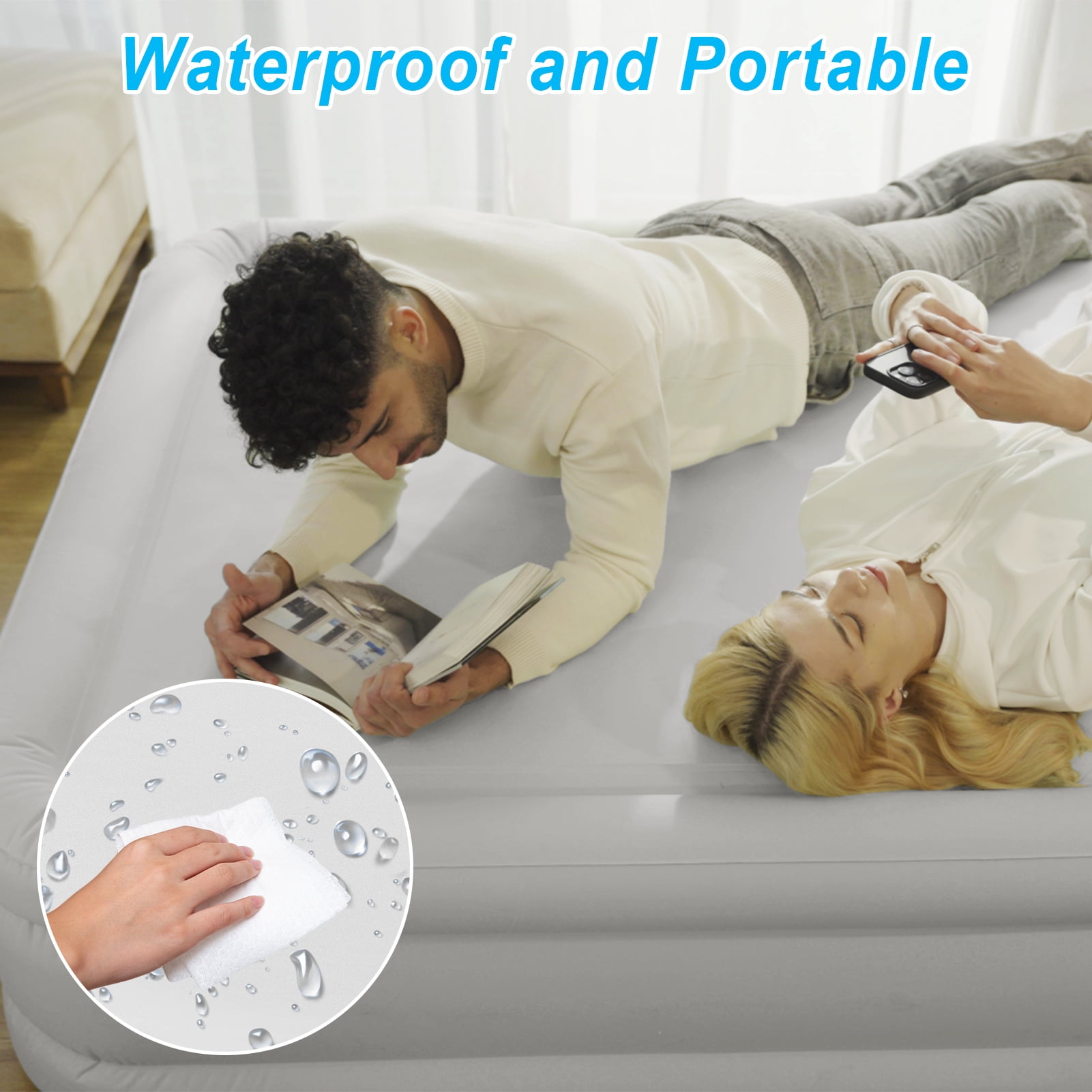 Air Mattress Queen with Built in Pump,Blow Up Mattress with Fiber-Tech, Inflatable Camping Bed, 3-Min Self Inflating with Carrying Bag (18”White Grey)
