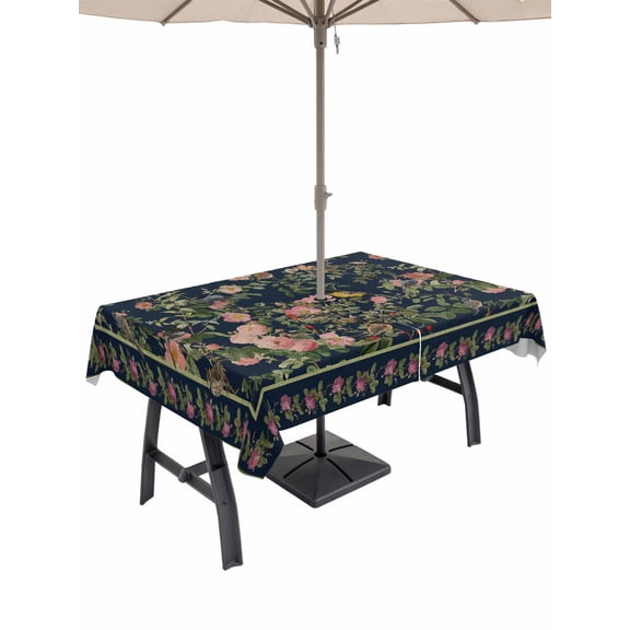 Outdoor Tablecloths with Umbrella Hole & Zipper, Black Flowers 60 x102 Inch Rectangle Tablecloths, Spring Floral Elegant Pastoral Vintage Waterproof Table Cloth, Patio/Pool/Picnic Table Covers