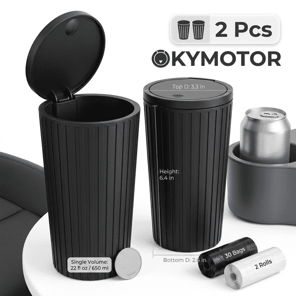 OKYMOTOR 2Pcs Car Trash Cup Holder with Lid Leak Proof ABS Car Trash Can 2 Rolls Trash Bags Included, One-Hand Operation for Car Home & Office