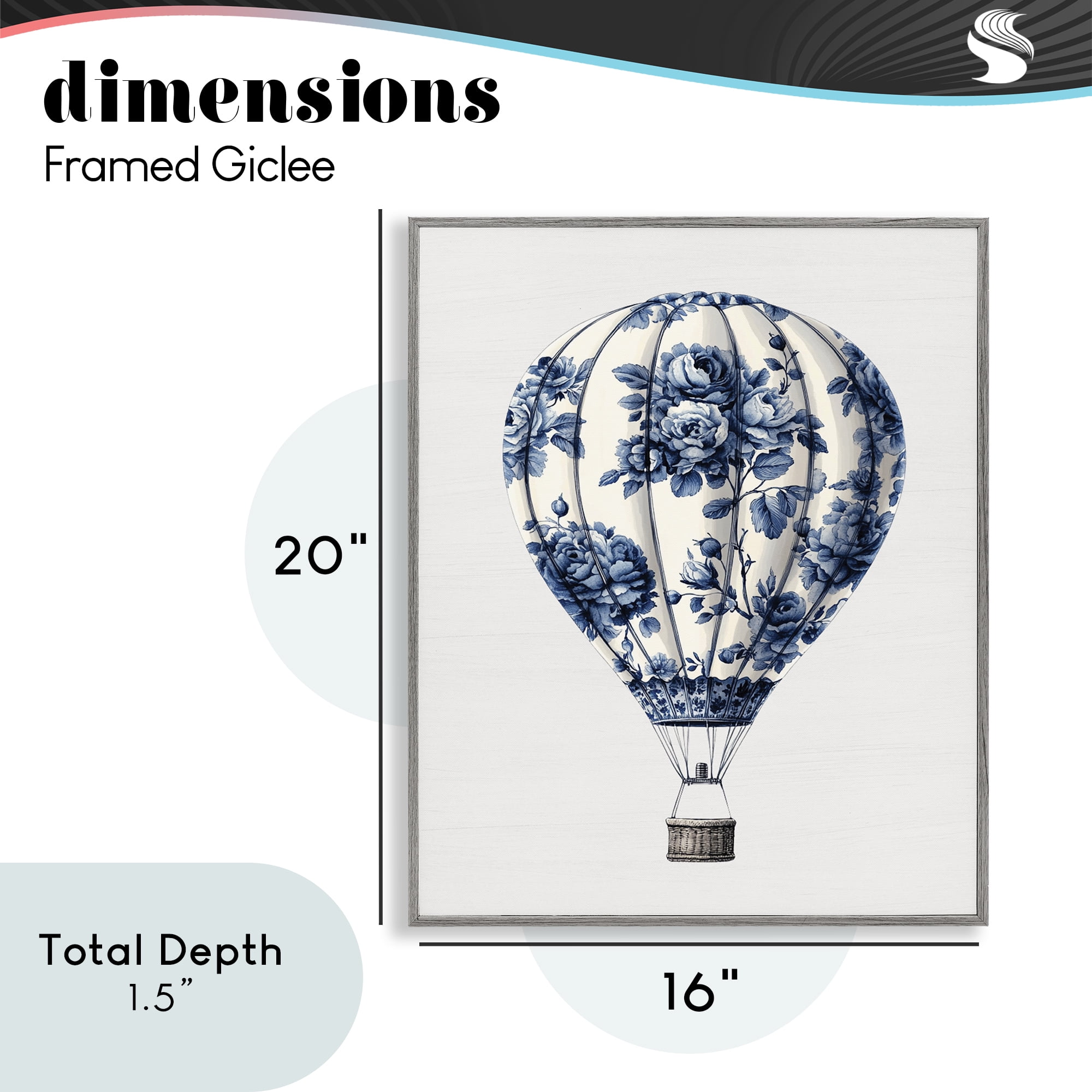 Vintage Toile Hot Air Balloon Gray Framed Giclee Art, design by Lettered and Lined