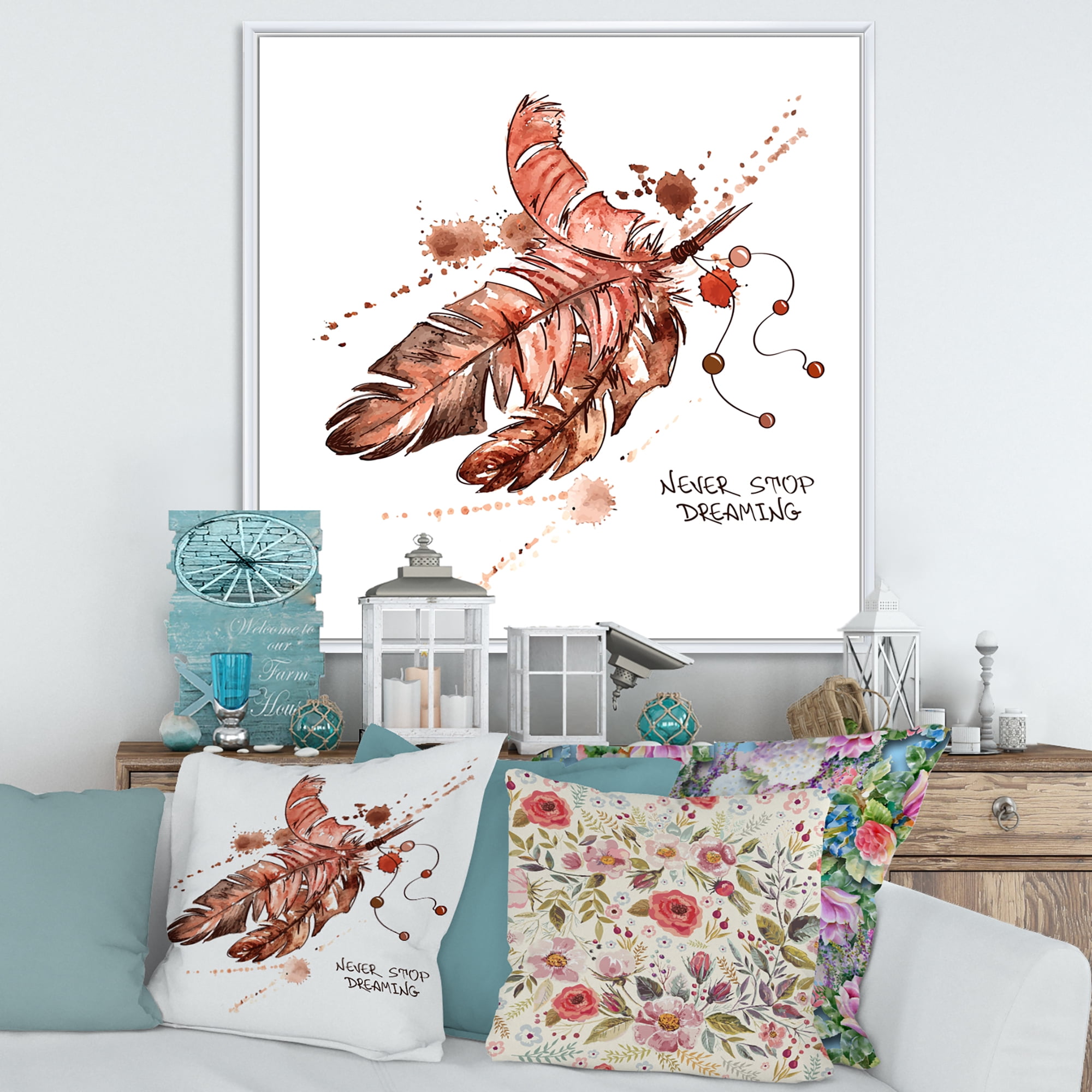Designart 'Bird Feathers In Earth Tones Never Stop Dreaming' Bohemian & Eclectic Framed Canvas Wall Art Print