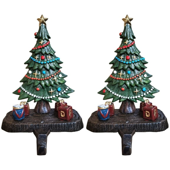 Lulu Decor, Cast Iron Christmas Tree with Gifts Decorative Stocking Holder for Mantel, Solid, Beautiful, Weighted Sturdy Tree Hooks, Perfect Stocking Hanger for Holiday Decoration (Set of 2)
