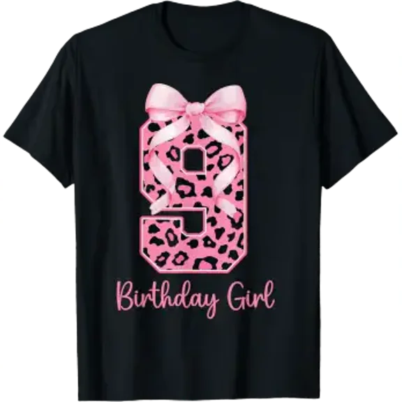 Birthday Coquette 9th Pink Leopard Bow 9 Year Old Celebration T-Shirt, Size S-5XL