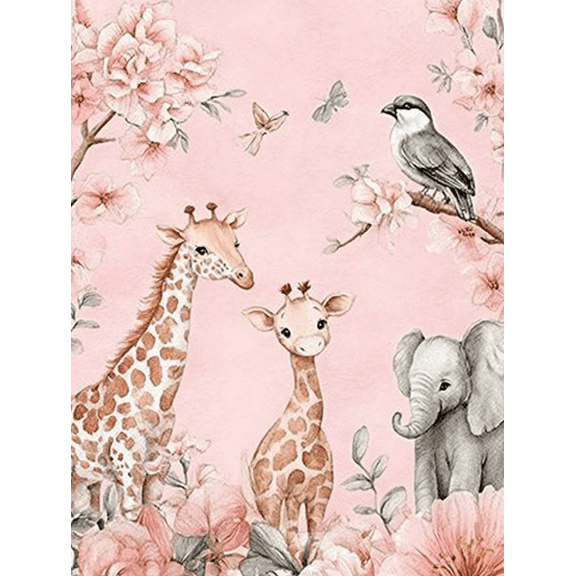 Pink Giraffe Elephant Animal Canvas Print Wall Art， Suitable for Living Room， Bedroom， Nursery， Kids Room， and Bathroom Decoration.