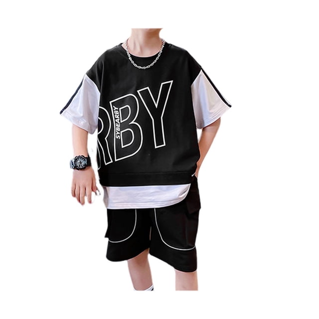 Jumpingount De ropa deportiva de verano a la moda con letras, Jersey, camiseta de manga corta con retazos, ropa de calle, trajes para niños conjuntos de ropa Negro ciento diez