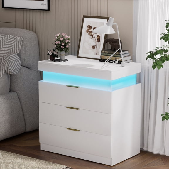 Holaki  Nightstand with Charging Station and LED Lights,Night Stand with Sliding Top for Bedroom,Bedside Table with Drawers,Modern End Side Table,White.28.8''W x 17''D x 30.5''H.