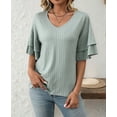 thumbnail image 4 of Womens V-Neck Tops Dressy Double Layer Bell Sleeve 3/4 Length Ruffle Sleeve T Shirts Bean Green S, 4 of 9