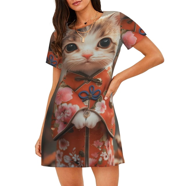 Fotbe Adorable Kitten In Kimono Bata de Dormir para Mujer con Estampado, Camisón de Algodón de Manga Corta, Ropa de Dormir Casual