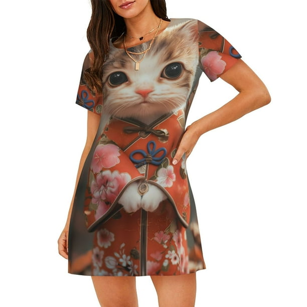Fotbe Adorable Kitten In Kimono Bata de Dormir para Mujer con Estampado, Camisón de Algodón de Manga Corta, Ropa de Dormir Casual