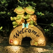 Garden Turtle Welcome Statues, Frog Face with Solar Powered LED Lights Yard Art for Patio Lawn Garden