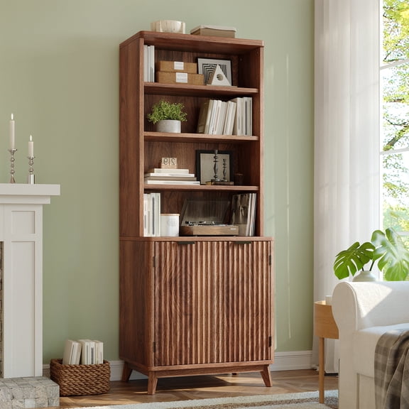 EnHomee Mid-Century Modern Bookcase, 70.9" Tall Storage Cabinet with Fluted Doors & Adjustable Shelves, for Living Room, Home Office, Library, Kitchen，Walnut Brown