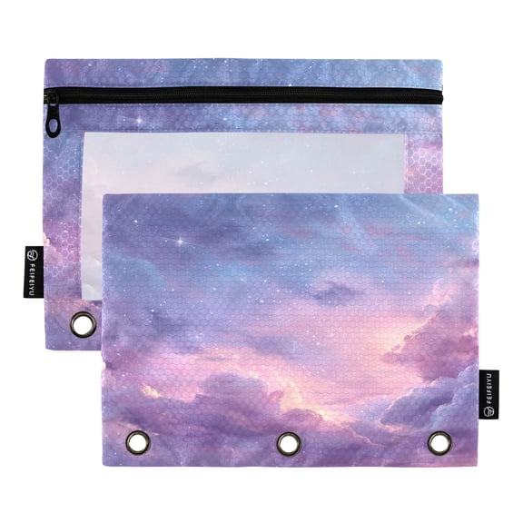 2 Pack 3 Ring Binder Pouch with Clear PVC Window Water Resistant Zipper Pencil Pouch Cotton Candy Dawn Sky Binder Pocket for Classroom Office Home Stationery Organization