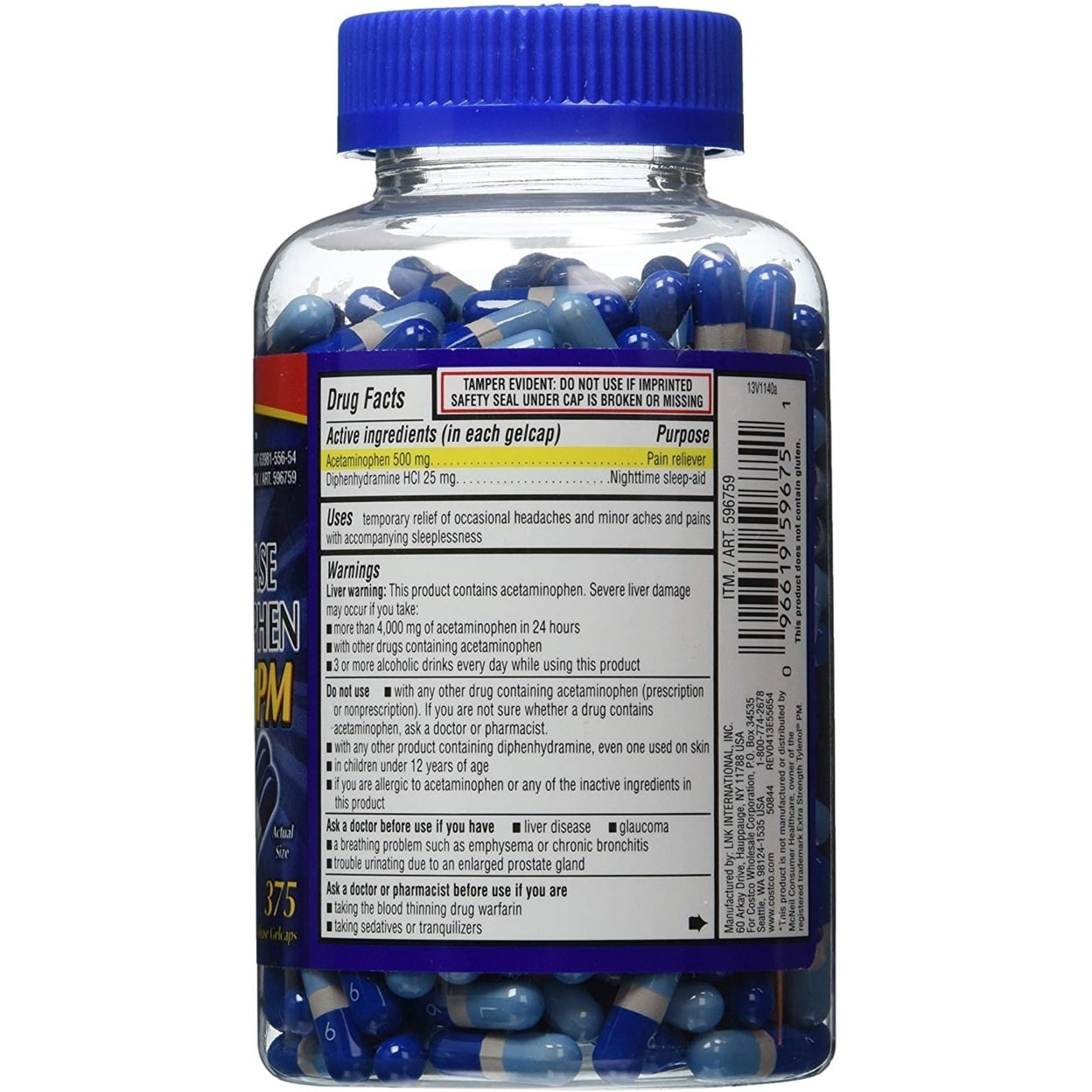 Kirkland Signature Acetaminophen PM 500 mg. 375 Capsules