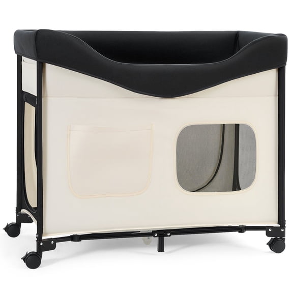 Elevated Foldable Bunk Dog Bed with Wheels 600D Oxford Dutch Velvet Portable Raised Cot Side Storage Carry Bag for Cats Dogs Large Beige