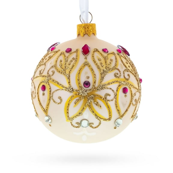 Gilded Golden Leaves Glass Ball Christmas Ornament 3.25 Inches