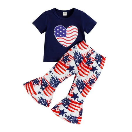 

Bebiullo Toddler Baby Girls 4th of July Independence Day Outfits T-Shirt Top American Flag Flare Pants Set Blue 18-24 Months