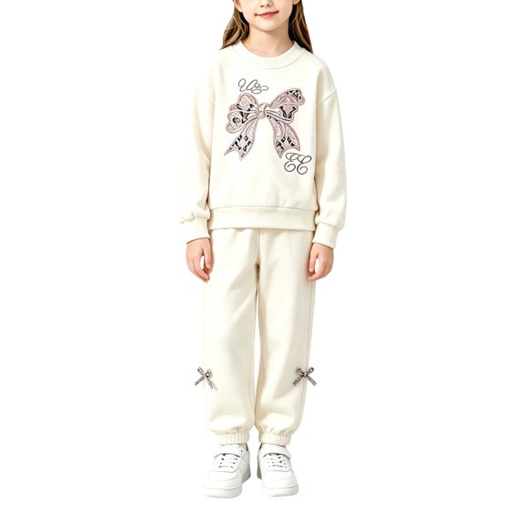LNMQLPDBS Baby Girls Bow Print Sweatsuit Set Toddler Crewneck Pullover Top and Cute Jogger Pants Casual 2 Piece Activewear Outfit with 3D Bow for School Daily Wear