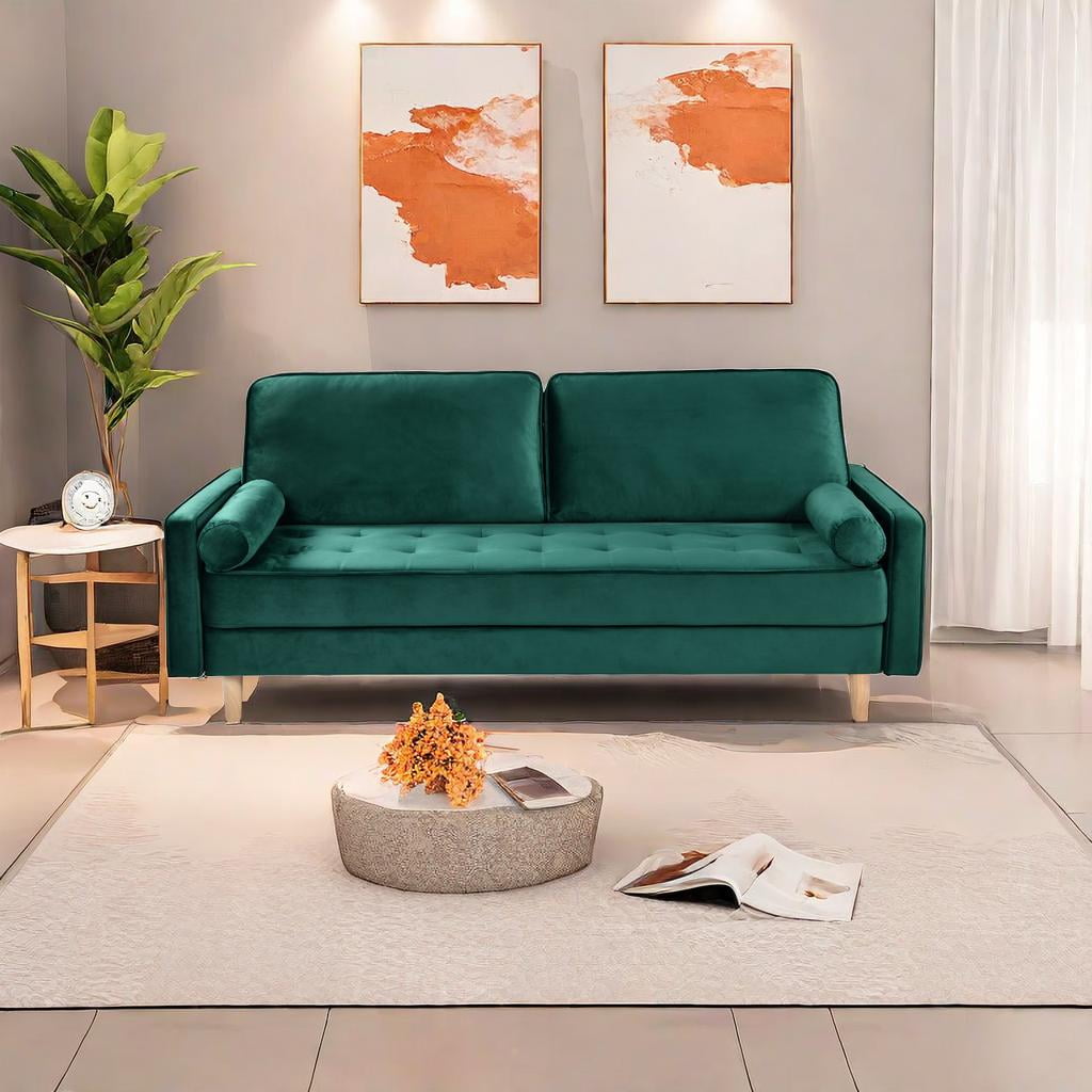 70" Modern Velvet Loveseat Sofa Couch,Mid-Century Tufted Upholstered Small Love Seat Couch with 2 Pillows for Compact Space,Living Room,Apartment,Green
