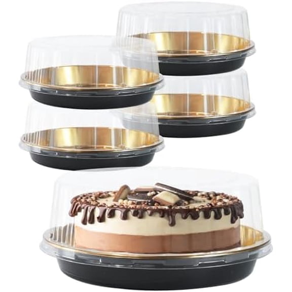 5Pack 10inch Round Clear Gold Cake Carriers for Transport Plastic Cake Containers Carriers with Dome Lids and Cake Boards Clear Bundt Cake Boxes