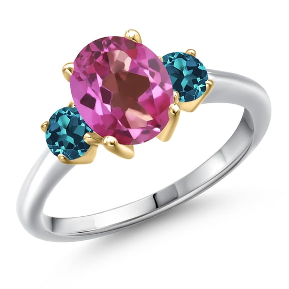 Gem Stone King 10K Two Tone Gold Pink Mystic Topaz and London Blue Topaz Engagement Ring for Women | 2.86 Cttw | Oval 9X7MM | Gemstone November Birthstone | Size 8