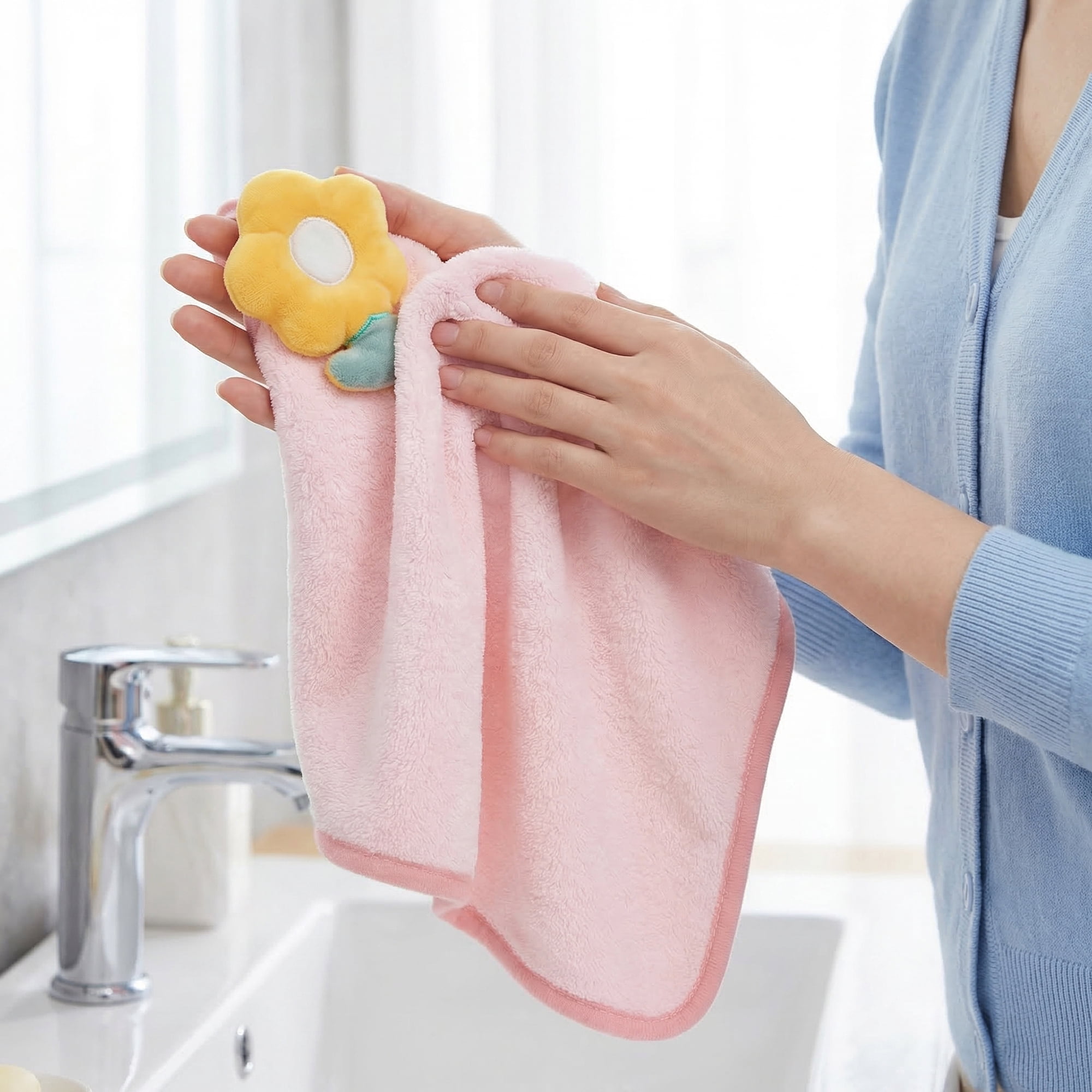 Unique Bargains 2 Pcs Cute Flower Ultra-Soft Absorbent Towels for Kitchen Pink 12" x 12"
