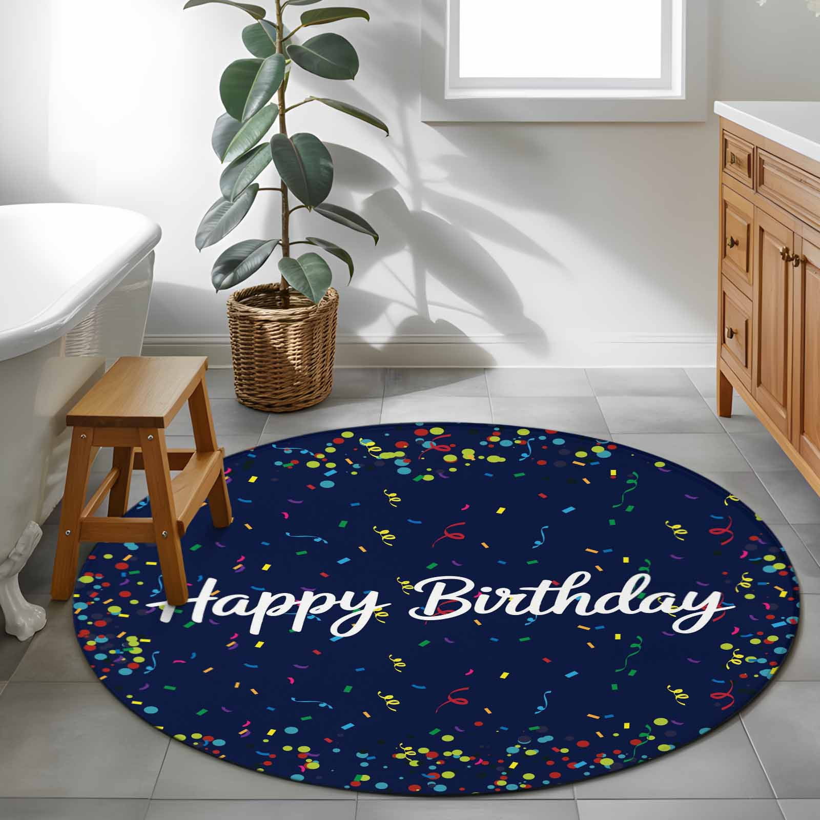 Happy Birthday Large Area Rugs for Bedroom Living Room, Soft Non Slip Carpet Bedside Rug, Navy Blue Modern Abstract Art Round Floor Cover Kitchen Accent Rug 4' for Dining Room/Office