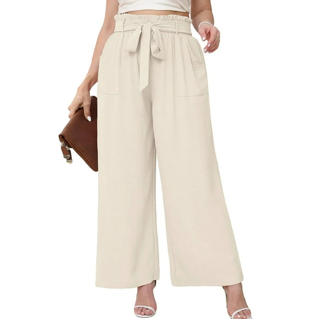 SHOWMALL Womens Plus Wide Leg Pants High Waisted Palazzo Trousers with Pockets, Ivory, 1