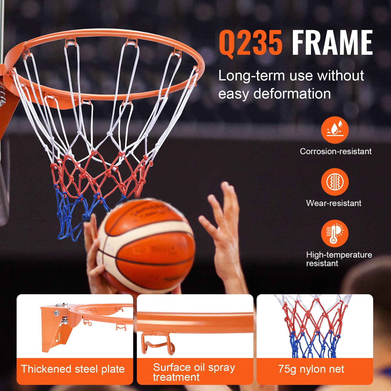 KFFKFF Basketball Goal, Door or Wall Mountable Hoop, Robust Q235 Basketball Spring Rim Replacement with Net, Conventional 18" Indoor and Outdoor Suspended Basketball Hoop for Children and Adults
