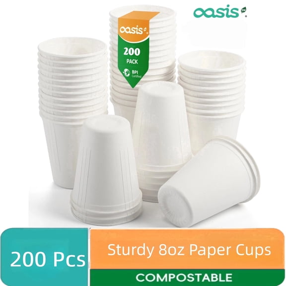 OasisSN 200 Count 8 oz Paper Cups,Disposable Water Cups,Paper Hot Cups for Office, Travel,,Home Use,( Leak Proof & Food Safe )