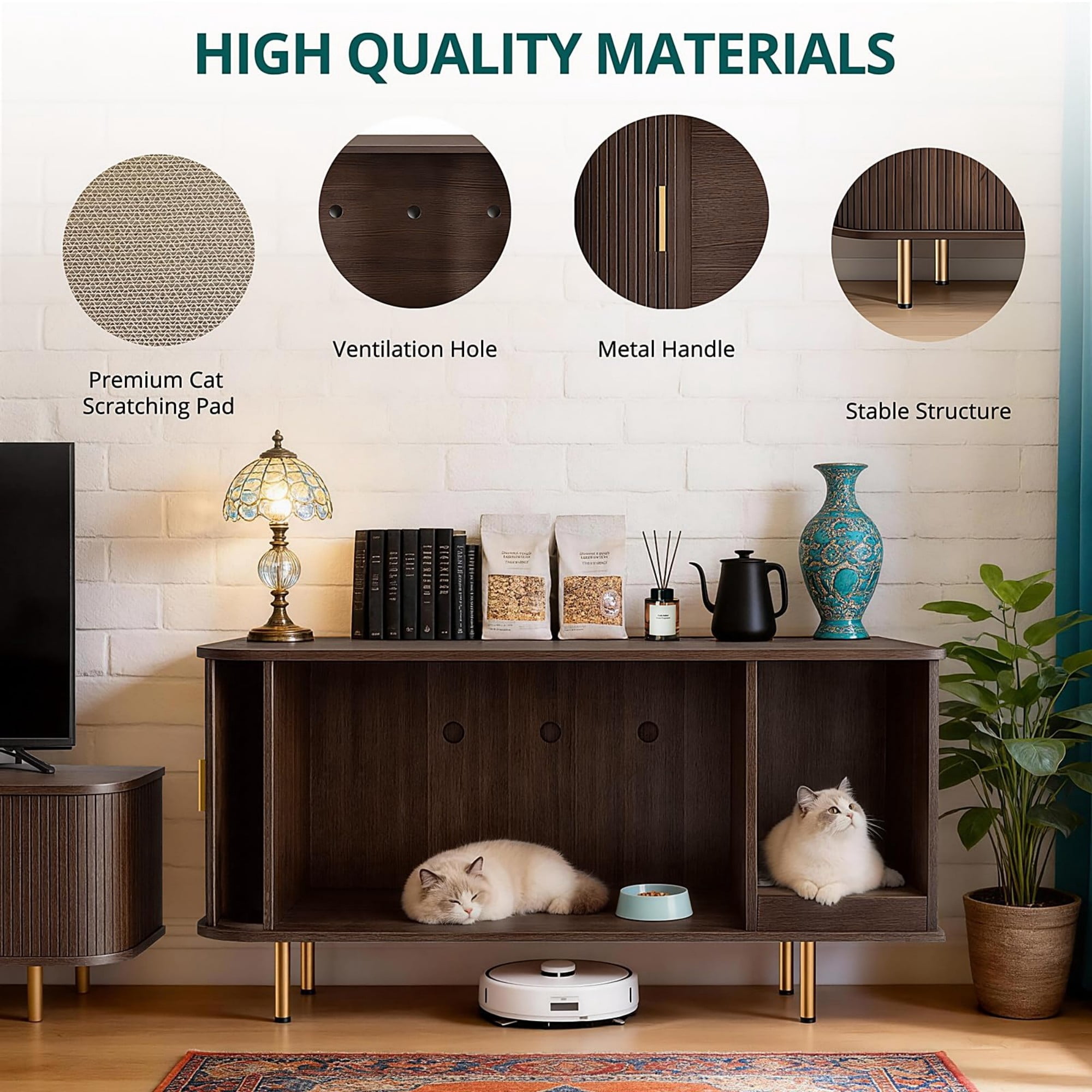 Cat Litter Box Enclosure Furniture with Sliding Door, Hidden Cat House Cabinet with Scratch Pad, Modern TV Stand Side Table, Coffee