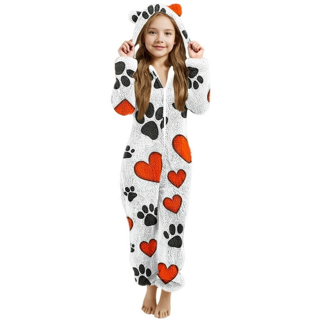 Pyjama pour Filles, Combinaison de Nuit Chaude d'Hiver à Manches Longues avec Capuchon, Combinaison Pyjama pour Filles