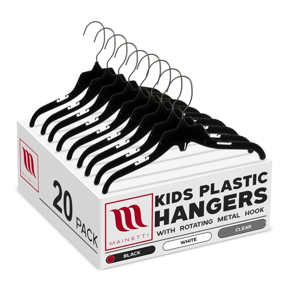 Mainetti 498 Black Plastic Hangers - 20 Pack with Rotating Metal Hook and Notches for Straps, Great for Shirts/Tops/Dresses, 12-Inch