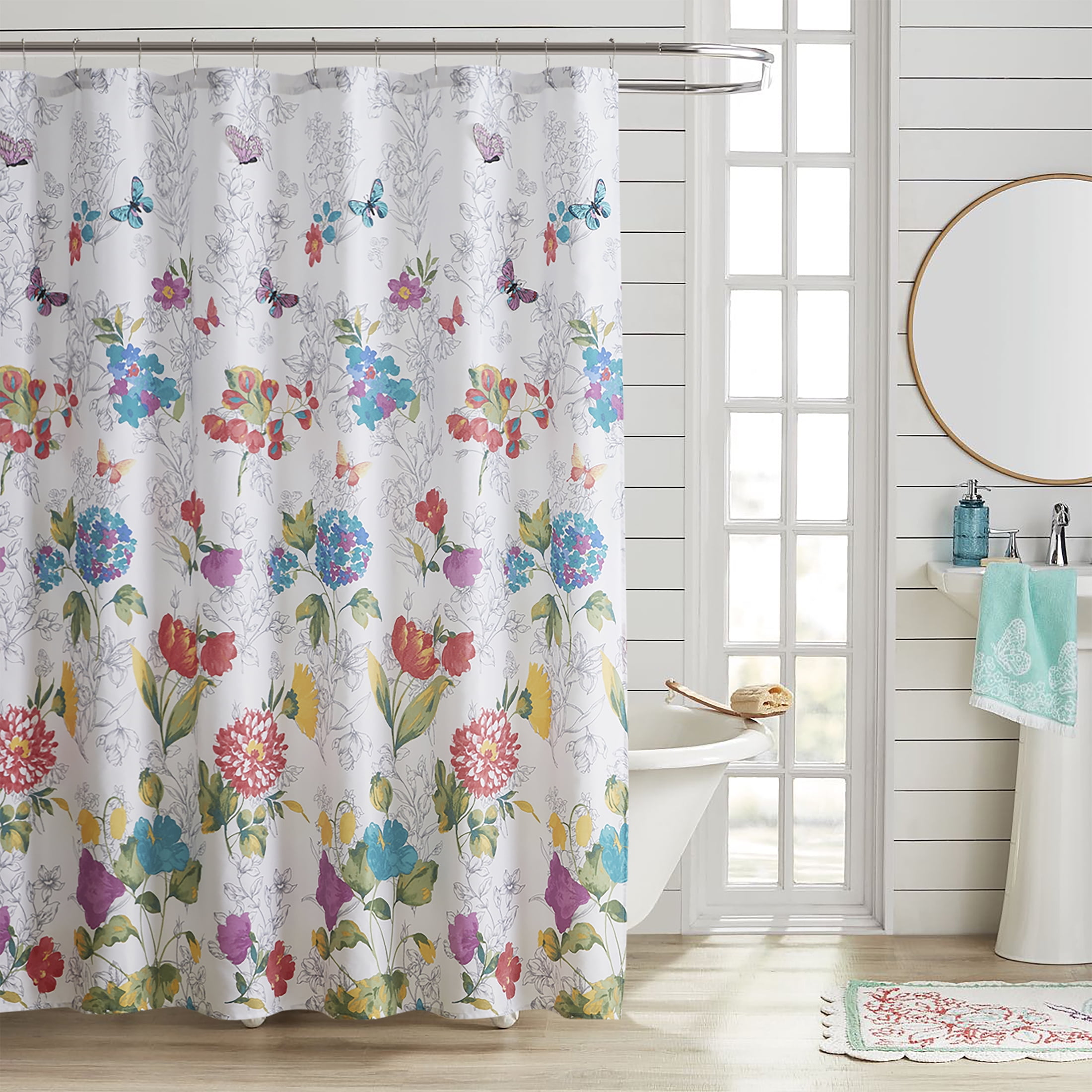 Flower And Butterfly Shower Curtain set with hooks Bathroom decor 71inch Long 
