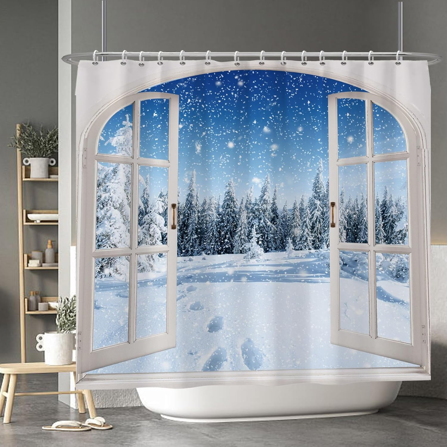 Winter Window View Shower Curtain Sets Natural Scenery Snowflake Forest Pine Trees Decorative Christmas Tree Shower Curtains with Hooks for Waterproof Polyester Bath Bathroom 84x72 Inches