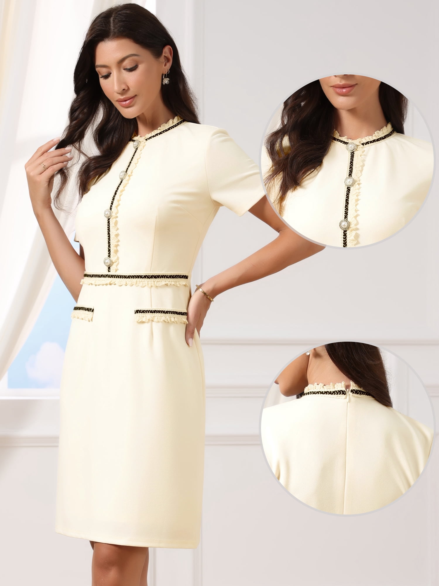 DARING DIVA Women's Knee Length Short Sleeve Crew Neck Work Sheath Dress M White Cream