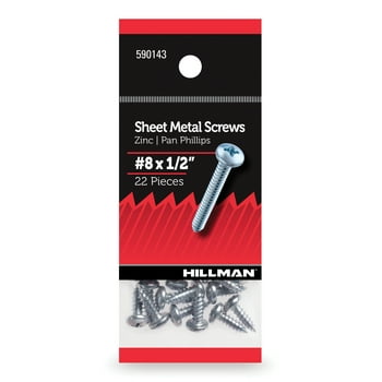Hillman Sheet Metal Screws, #8 x 1/2", Pan Phillips, Zinc Plated, Steel, Pack of 22