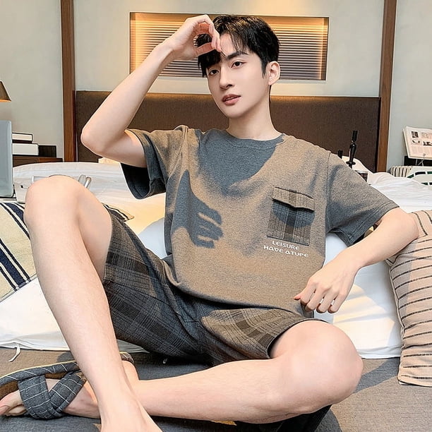 Ropa informal de verano para el hogar de algodón de manga corta para hombre que se puede usar al aire libre, pijamas juveniles de talla grande para hombre