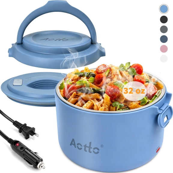 Aotto Electric Lunch Box, 32 oz Portable Heated Lunch Box for Adults, 12V/24V/110V Portable Food Warmer for Car/Truck/Work, BPA-Free, Blue