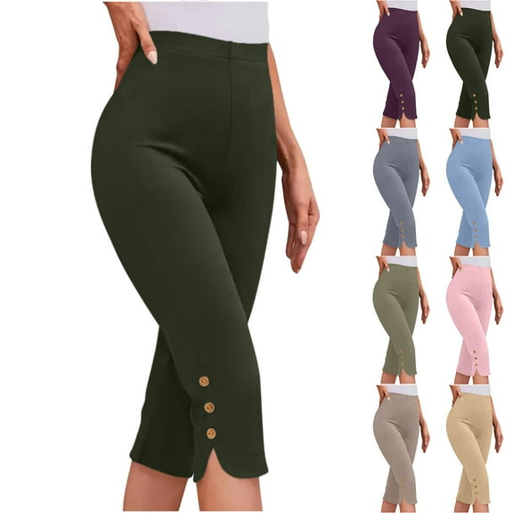 Miluxas Capri Pants for Women Casual Summer Dressy Pull On Stretch High Waisted Buttons Slit Bottom Crop Work Leggings Sky Blue XL(XL)