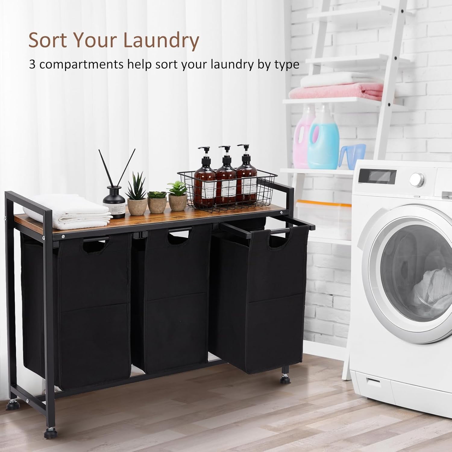 3-Section Laundry Hamper with Ventilated Shelf - Removable Pull-Out Oxford Bags - Rolling Laundry Sorter for Room Organization, Black - 3 Baskets