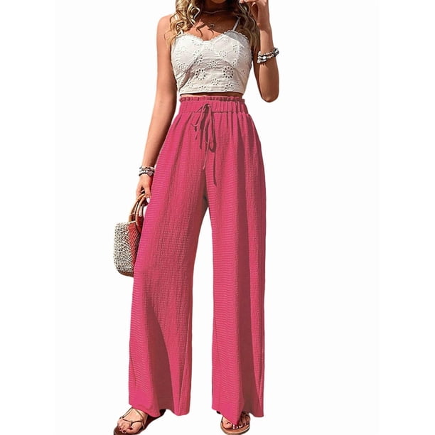 Pantalones de Salón de Pierna para Mujer, Cintura Alta, Ajustables, con Nudo de Lazo, Holgados. Rojo M