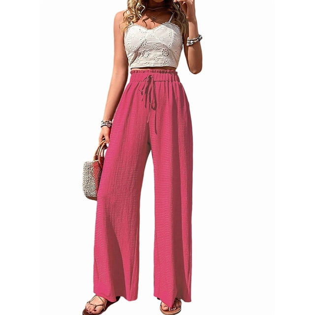 Pantalones de Salón de Pierna para Mujer, Cintura Alta, Ajustables, con Nudo de Lazo, Holgados. Rojo S