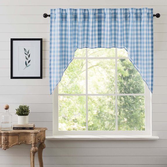 VHC Brands Annie Blue Buffalo Check Farmhouse Swag Kitchen Curtain Set 36x36x16