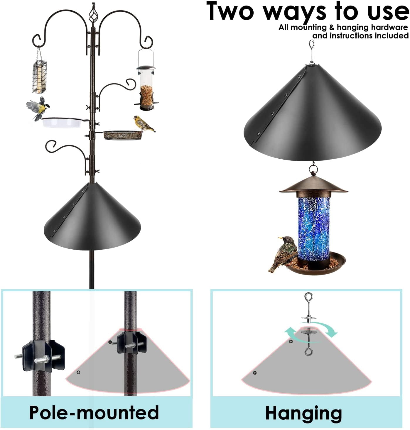 Bird Feeder Pole with Squirrel Baffle - Deluxe Feeder Station Kit Includes Suet Cage, Wild Bird Feeders & Planter Hanger for Garden, Yard