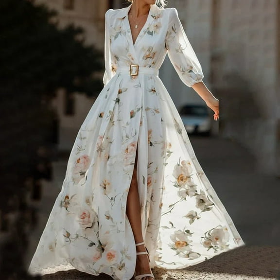 MORTTIC Women's Floral Print V-Neck Elegant Flare Sleeve High Slit Formal Maxi Dress for Weddings Parties White,S