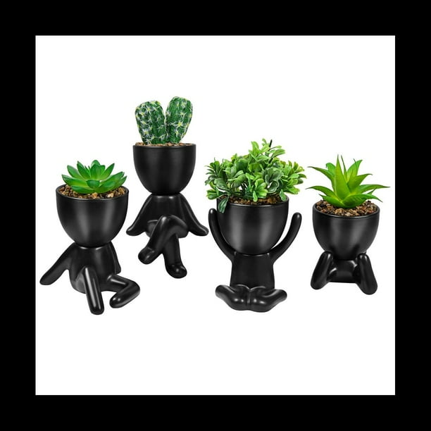4 Maceteros Suculentos Artificiales, Mini DecoracióN Suculenta de CeráMica en Maceta, Macetas Negras Creativas con Forma , Macetas PequeñAs