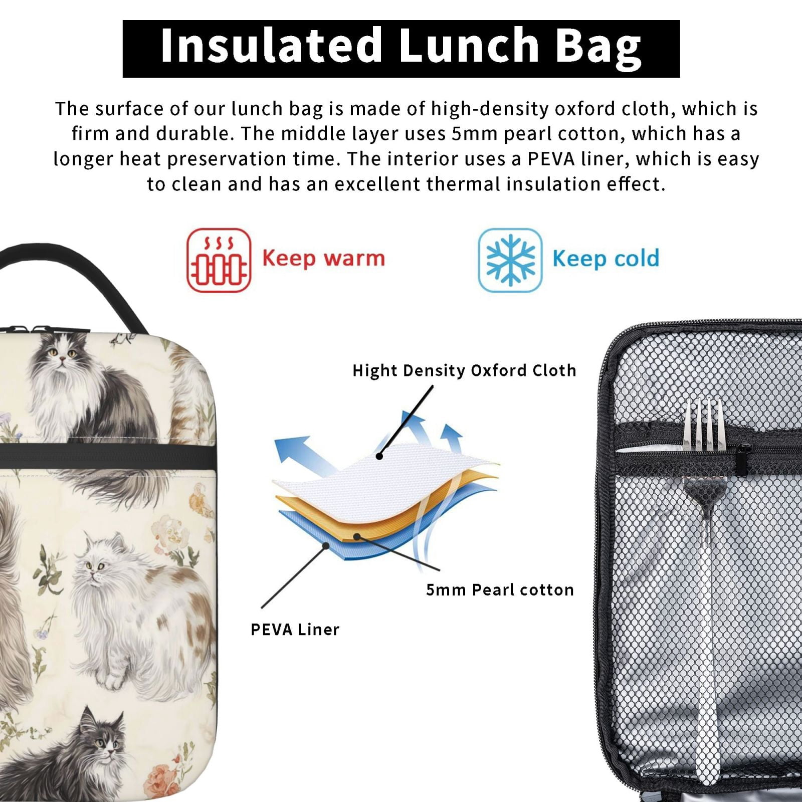Lunch Bag For Women Men Insulated Portable Lunch Box Bento Box Office Picnic Travel Cooler Bag Stylish Long-Haired Cat