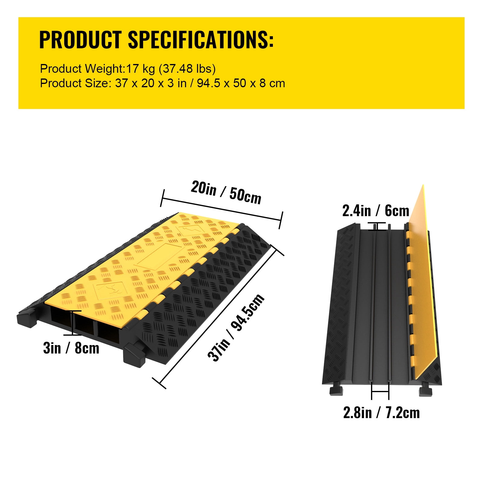 SKYSHALO 3-Channel Rubber Cable Protector Ramp 2 x 2.3 inch Channel Heavy Duty Cable Wire Cord Cover Ramp Speed Bump Driveway Hose Cable Ramp Protective Cover