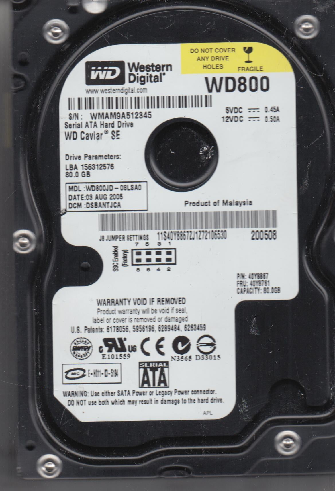 WD800JD08LSA0, DCM DSBANTJCA, Western Digital 80GB SATA 3.5 Hard Drive
