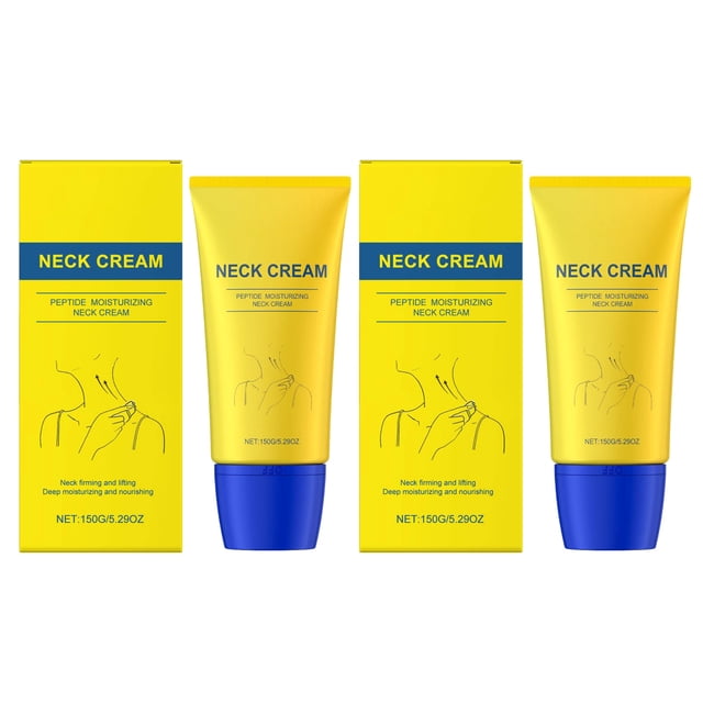 cremas y humectantes crema reafirmante y reafirmante para el cuello protege especialmente las líneas de expresión y las líneas finas del cuello hidratante para el cuello reafirmante e hidratante 150 g Vista frontal de paquete doble con dos tubos amarillos y tapas azules y sus cajas a juego; envases muestran 'NECK CREAM', dibujo lineal de cuello y 150 g; indicado para reafirmar e hidratar el cuello y a menudo usado como preparación del cuello antes del maquillaje.